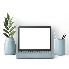 Fototapeta premium A minimalist workspace featuring a laptop, green plant, and office supplies in soft blue vases against a clean, white background.