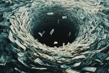 Money Vortex Abstract 3D Render of US Dollar Bills Falling into Abyss