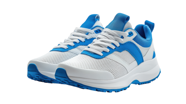 Fresh footwear in vibrant blue and white showcased in a bright setting