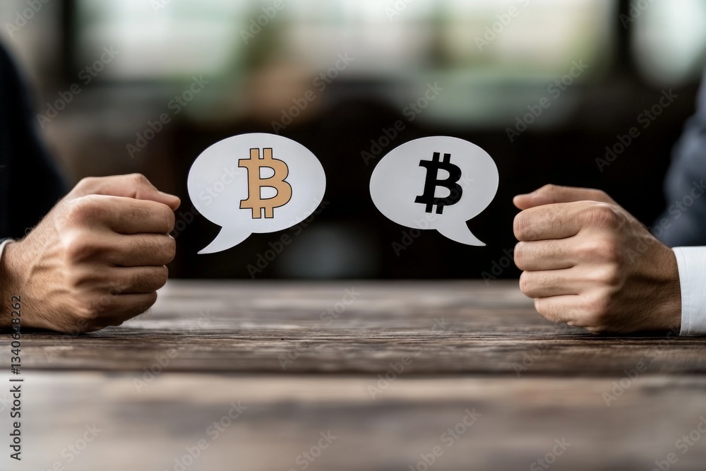 Poster individuals discussing cryptocurrency concepts with bitcoin symbols on speech bubbles inside a café 
