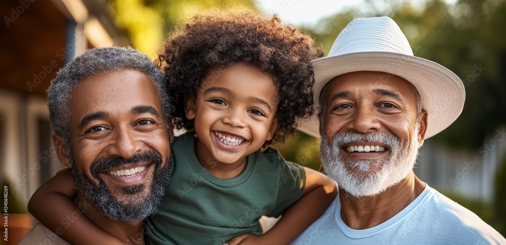 Poster man and a child are smiling and holding hands. the man is wearing a hat. scene is happy and warm