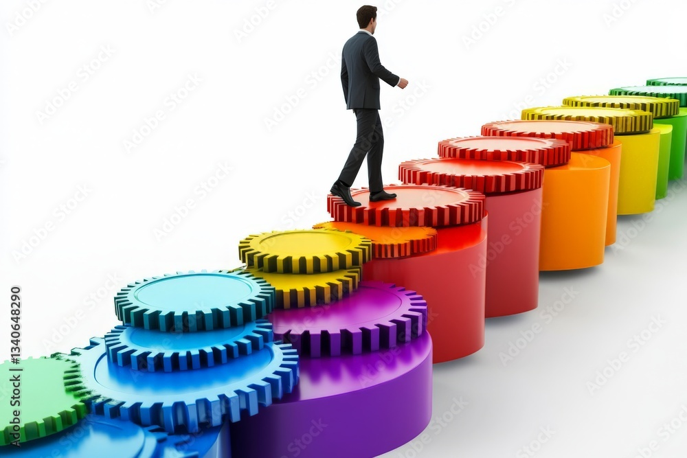 Poster businessman walks across colorful gears representing progress and teamwork in a conceptual design fo