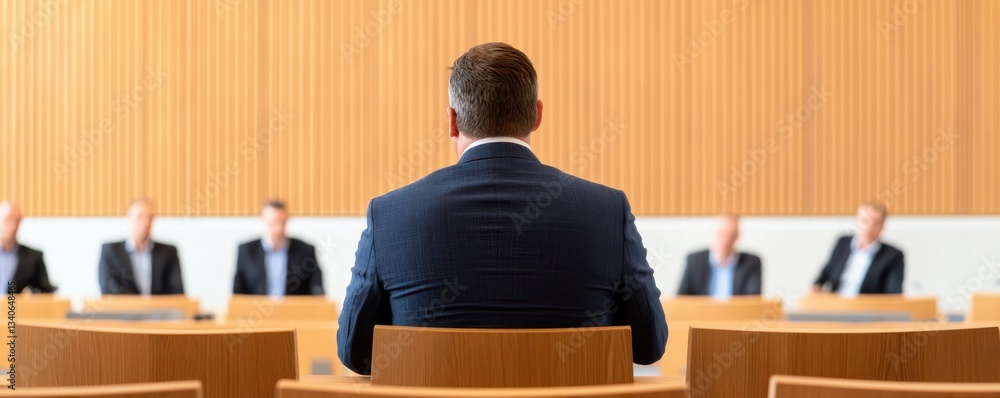 Poster a man in a suit sits before a panel, highlighting themes of leadership and decision-making in a prof