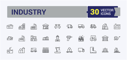 Set of Factory line icon. Minimalist editable vector stroke. Industrial factory icon. Vector illustration. Contain linear sign process, machine, conveyor, warehouse, manufacturing and more.