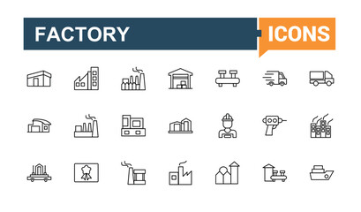 Set of Factory line icon. Minimalist editable vector stroke. Industrial factory icon. Vector illustration. Contain linear sign process, machine, conveyor, warehouse, manufacturing and more.