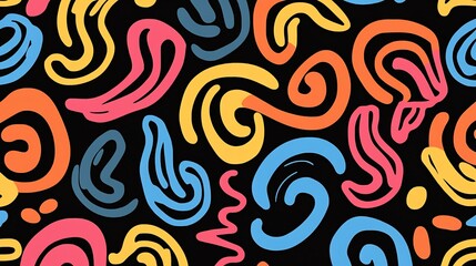 A vibrant abstract pattern of colorful swirls and shapes on a black background.
