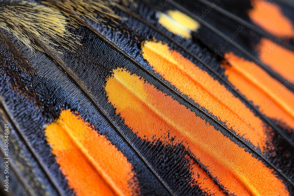 Poster close-up view of vibrant butterfly wings showcasing intricate orange and black patterns in natural l