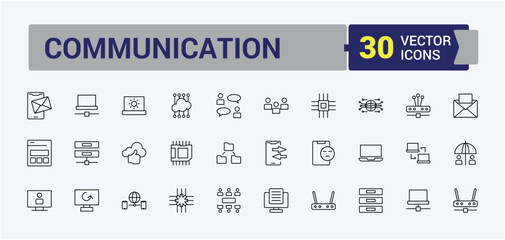 Networking icon set. Contain linear sign net, technology, telecom, server, communication, internet, cloud. Minimalist icons. Connect line icon set. Editable vector art.
