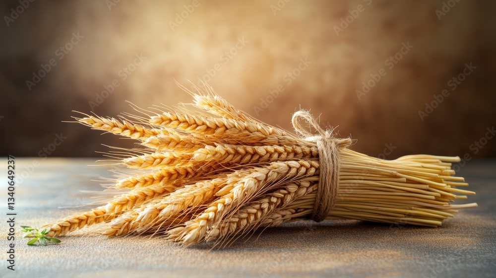Aufkleber bunch of wheat is sitting on a table. the wheat is tied together with a string. the wheat is golden 