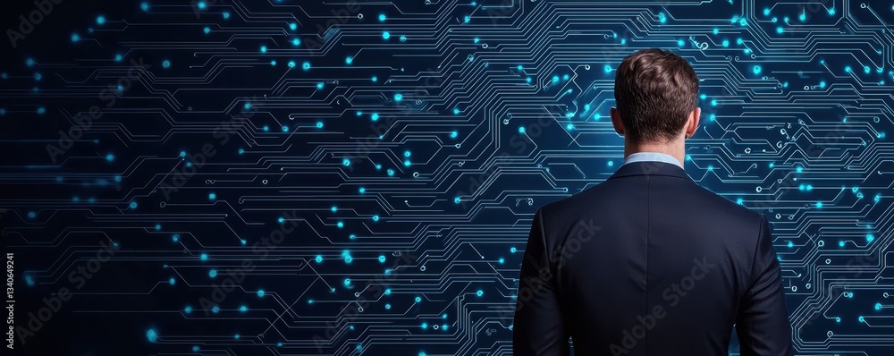 Poster a man in a suit stands against a digital circuit board background, symbolizing technology and innova