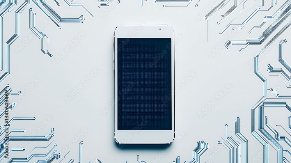 Poster a modern smartphone is centered on a circuit board background, symbolizing technology and connectivi