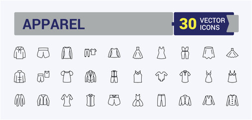 Clothes icon pack. Containing dress, tshirt, outfit, suit, shirt and more. Minimal icons collection. Apparel line icon. Editable vector art and illustration.
