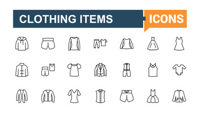 Clothes icon pack. Containing dress, tshirt, outfit, suit, shirt and more. Minimal icons collection. Apparel line icon. Editable vector art and illustration.