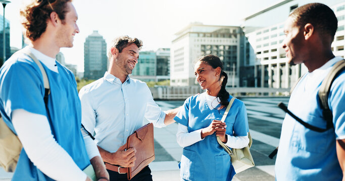 Happy, professor and group students in city for medical study, nursing program and healthcare opportunity. People, teacher and discussion of morning commute, learning internship and university course