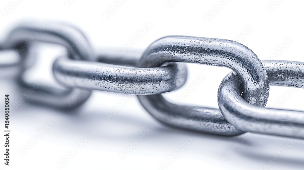 Poster a close-up image of interlinked metallic chains, highlighting their shiny surface and strong structu