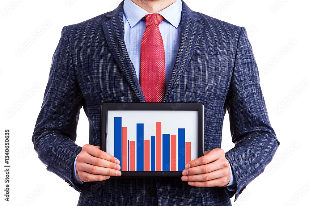 Poster a businessman in a suit holds a tablet displaying a colorful bar graph, symbolizing financial data a