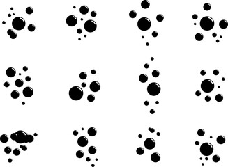 Fizzy Drink, Water Bubble. Soap foam bubbles suds framing shower gel, shampoo, shaving, mousse. Soda Drops Silhouette Icon Set. Soap Symbol Collection. Isolated Vector Illustration.