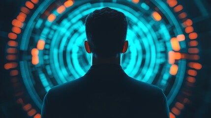 A silhouette of a person facing a vibrant, futuristic digital interface, with blue and orange circular designs, suggesting themes of technology and exploration.