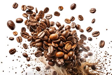 Obraz premium Pile of coffee beans is scattered on a white background, photo, image