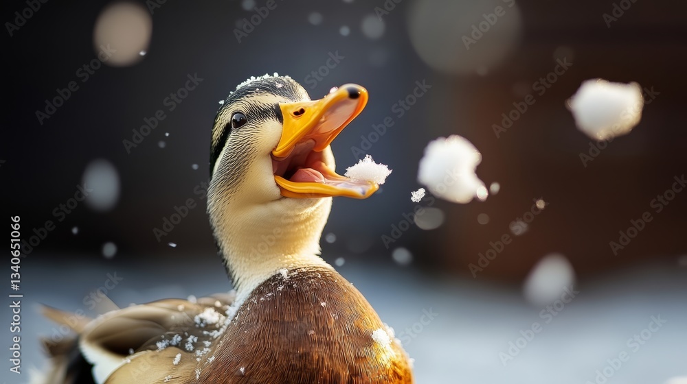 Poster duck is eating snow and has its mouth open. concept of playfulness and joy as the duck enjoys the sn