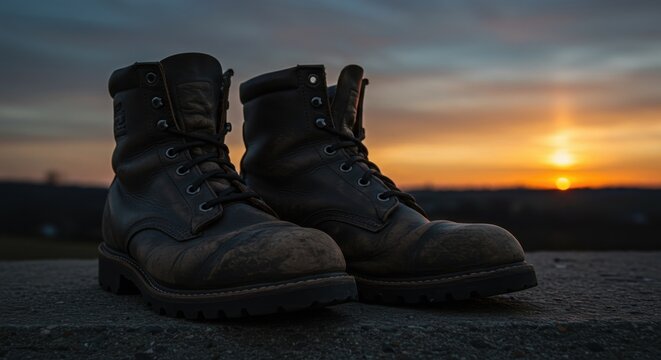 Rugged leather boots on concrete against a serene sunset background, perfect for outdoor enthusiasts.
