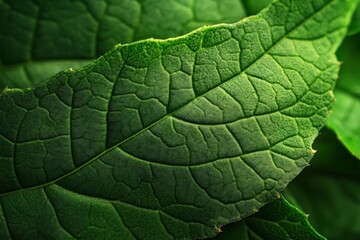 Fototapeta premium Close-up view of a vibrant green leaf showcasing intricate textures and details in natural light