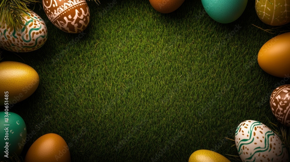 Poster green field with a bunch of eggs in it. the eggs are in different colors and sizes