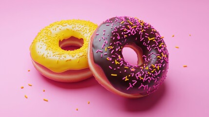 A pair of vibrantly colored donuts coated in thick chocolate glaze and bright yellow zig zag sprinkles.
