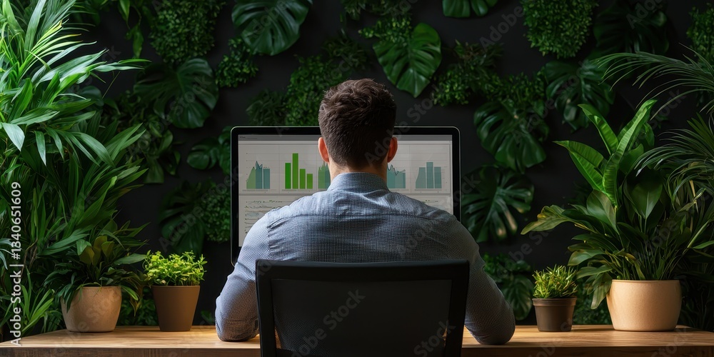 Poster A person sits in front of a computer surrounded by lush greenery, analyzing data displayed on the screen in a serene, nature-inspired workspace.