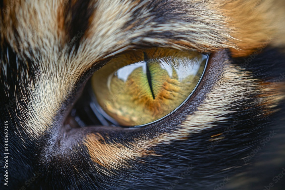 Poster close-up view of a wild cat's eye showcasing intricate details of its vibrant colors and unique text