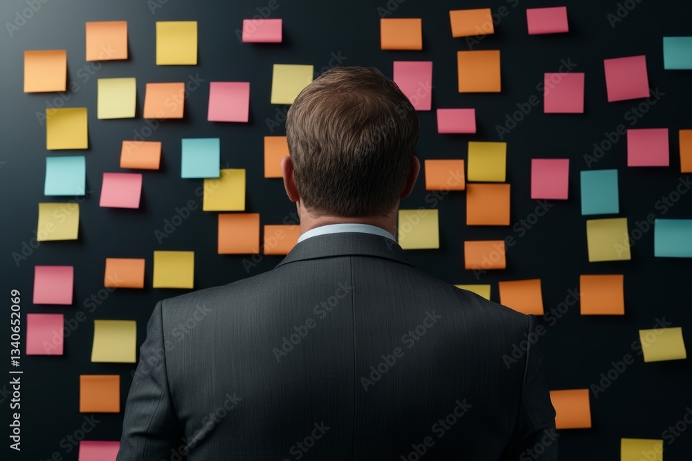 Poster man in a suit is looking at a wall covered in colorful sticky notes. the notes are arranged in a way