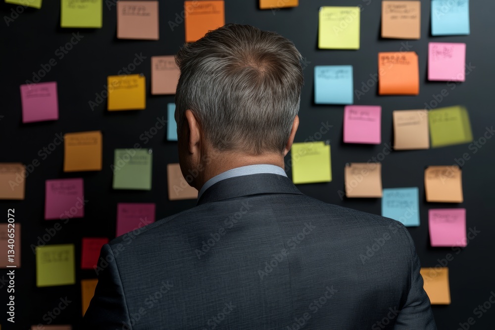 Poster man in a suit looking at a wall covered in colorful sticky notes. the notes are arranged in a way th