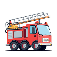 Vsai red firetruck extinguishing burning building with extended ladder