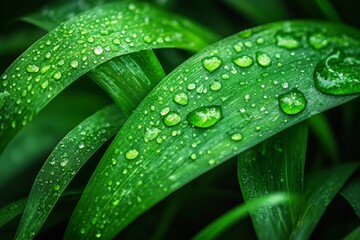 Dew-covered green leaves display nature's beauty in a lush garden during a tranquil morning