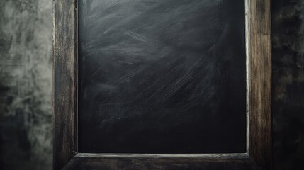 Blank chalkboard frame on rustic background, ideal for back-to-school promotions, educational content, teaching, announcements, creativity, and classroom decor.