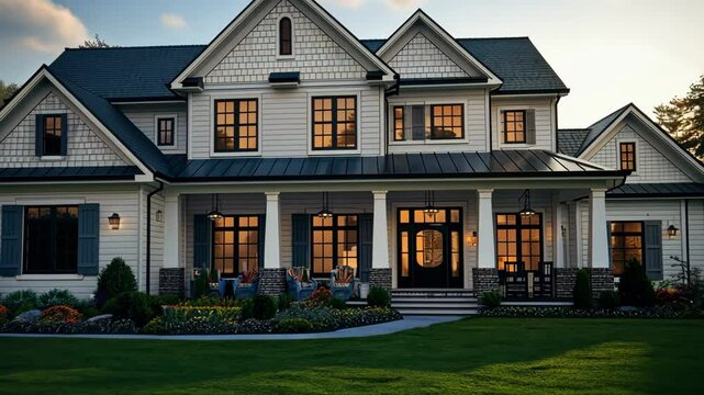 Stylish modern house with beautiful lawn and trees around