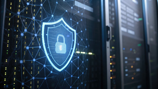 Close-up of a glowing shield icon on a digital screen, symbolizing cybersecurity and protection, with binary code and network connections in the background. Digital security and data protection