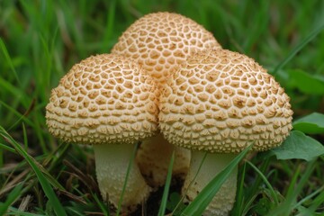 Unique mushroom trio growing in green grass under natural light on a sunny day