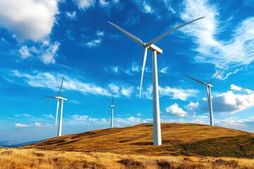 Wind turbines stand tall on a grassy hill under a bright blue sky filled with fluffy white clouds today