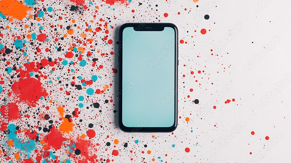 Poster a smartphone rests against a vibrant background splattered with colorful paint, creating a striking 