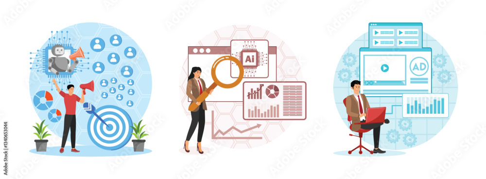 Poster ai-driven targeted marketing strategies. ai-powered predictive marketing insights. ai optimized prog