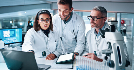 Collaboration, laptop and science with people in laboratory together for breakthrough or development. Microscope, results and tablet with research team in clinical trial for medical discovery