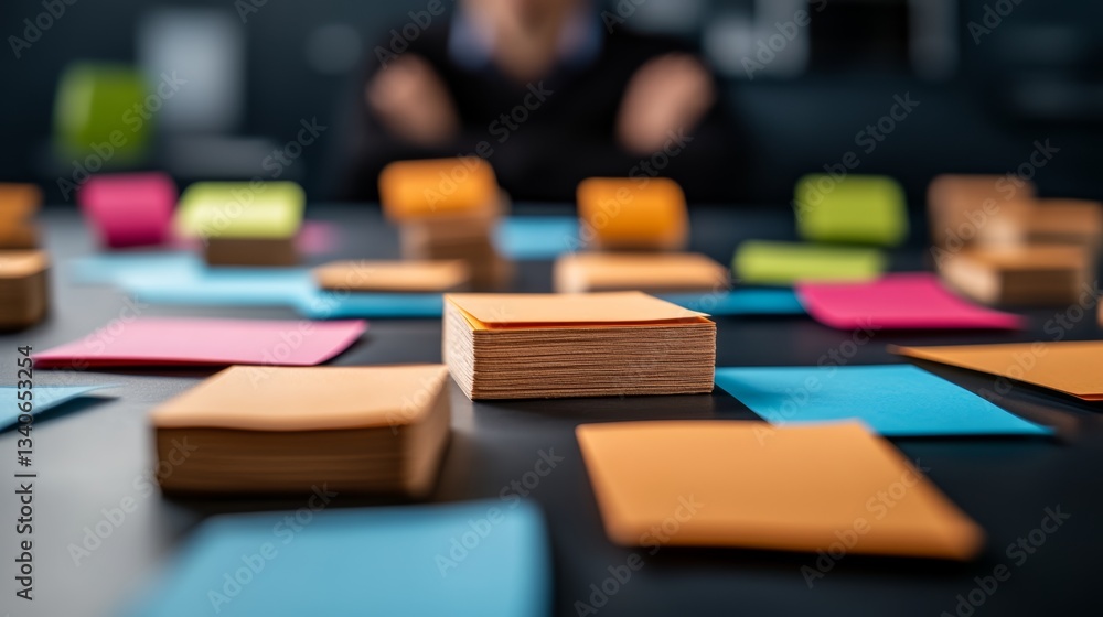 Poster stack of colorful sticky notes are on a table. the notes are arranged in a way that they look like a