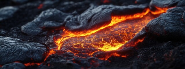 Close-up shows molten lava flow with bubbling textures and crusting formations amidst the dark, hardened rock landscape during active volcanic activity