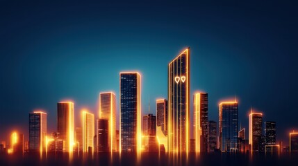 Fototapeta premium A vibrant city skyline illuminated by neon lights against a dark blue background, showcasing modern architecture and a futuristic atmosphere.