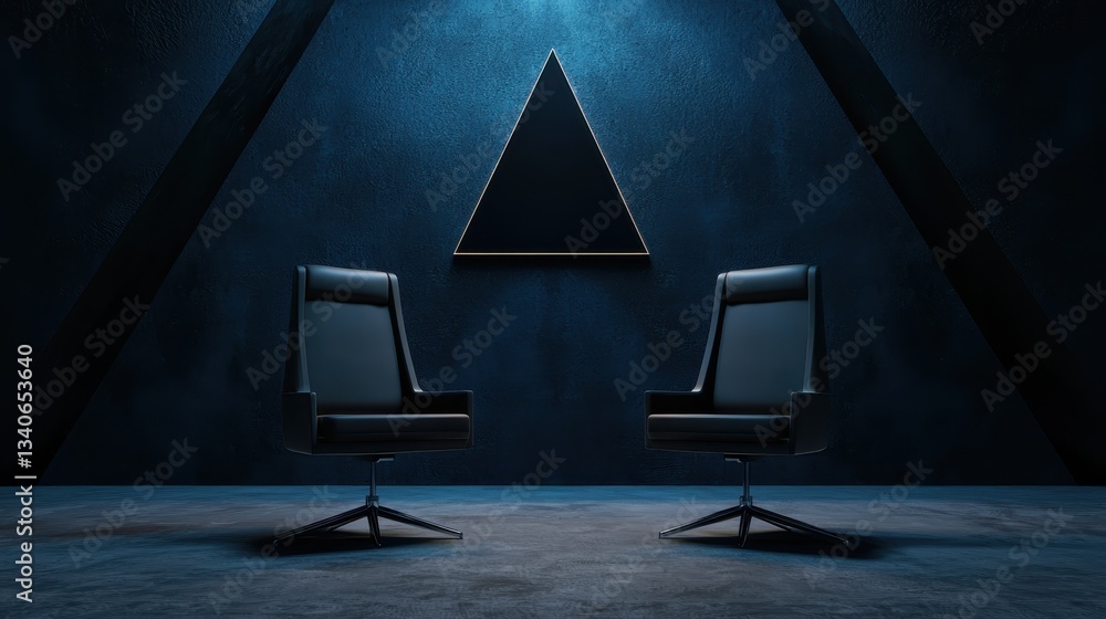 Poster a minimalist setting featuring two modern chairs against a dark, triangle-shaped backdrop, creating 