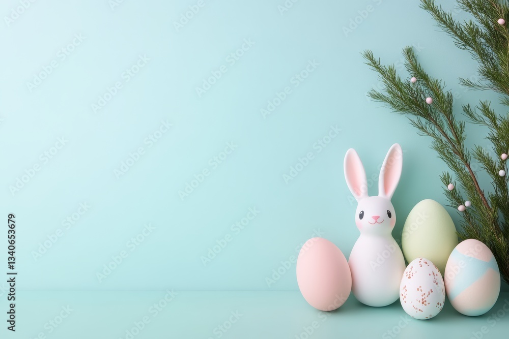 Poster white rabbit is standing in front of a bunch of eggs. the eggs are in different colors and sizes, an