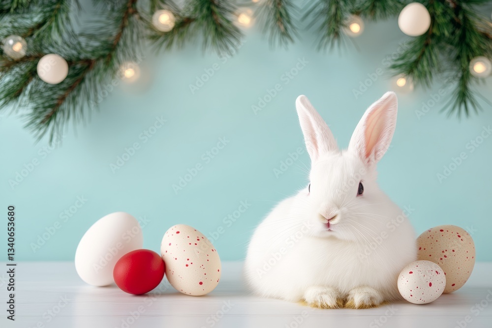 Poster white rabbit is laying on a table with a bunch of eggs and a pine tree in the background