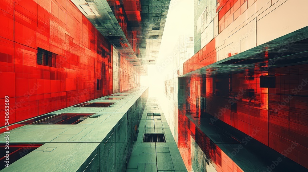 Poster abstract perspective of futuristic architecture with red and gray blocks