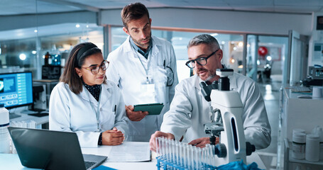 Collaboration, medical and science with people in laboratory together for breakthrough or...